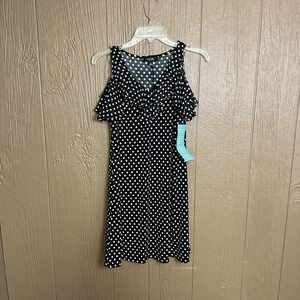MSK Polka Dotted Chiffon Cold-Shoulder‎ Black White Dress Petite Size PM V Neck